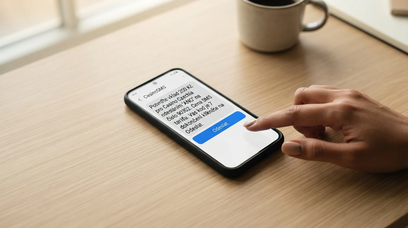 Sekvence tří kroků mobilního vkladu: výběr částky v kasinu, příchozí potvrzovací SMS na displeji telefonu, připsaný zůstatek na herním kontě