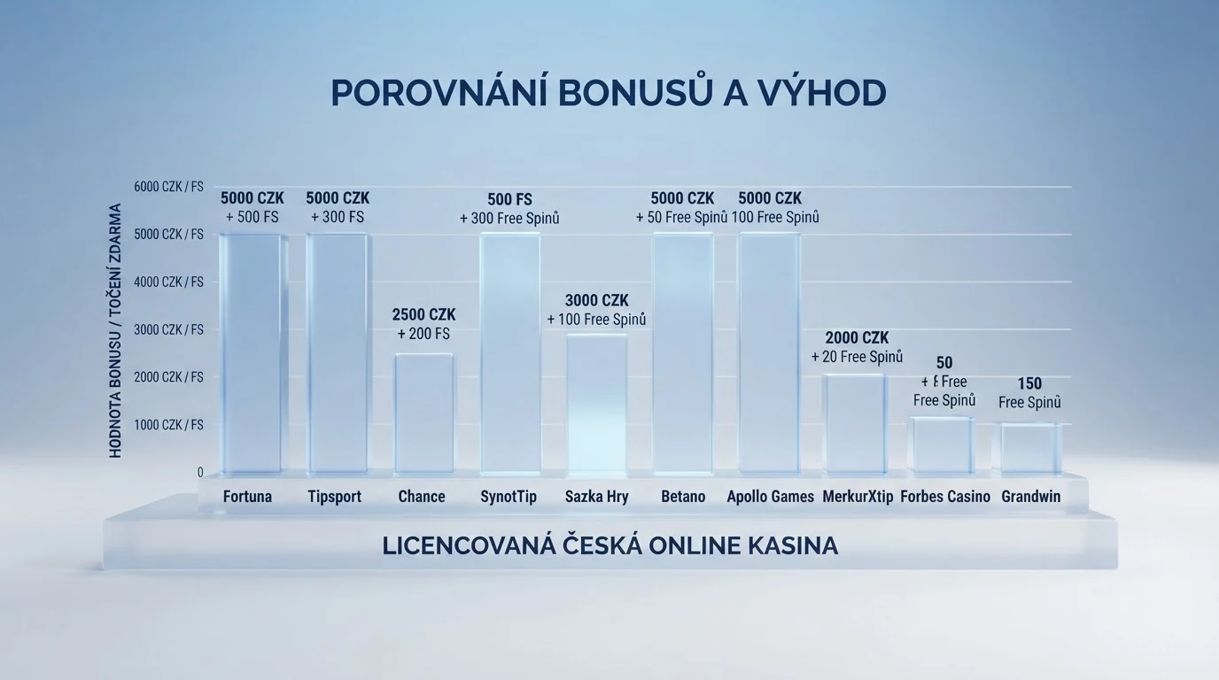 Srovnávací tabulka deseti kasin s MF ČR licencí seřazená podle počtu bezvkladových free spinů, s údaji o uvítacím bonusu a poskytovatelích her