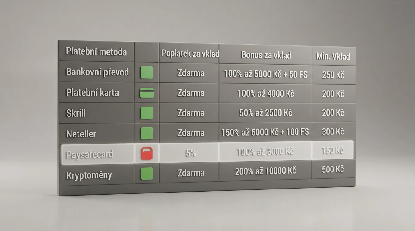 Srovnání log deseti českých online casin s barevně odlišenými poplatky a bonusy za vklad přes Paysafecard