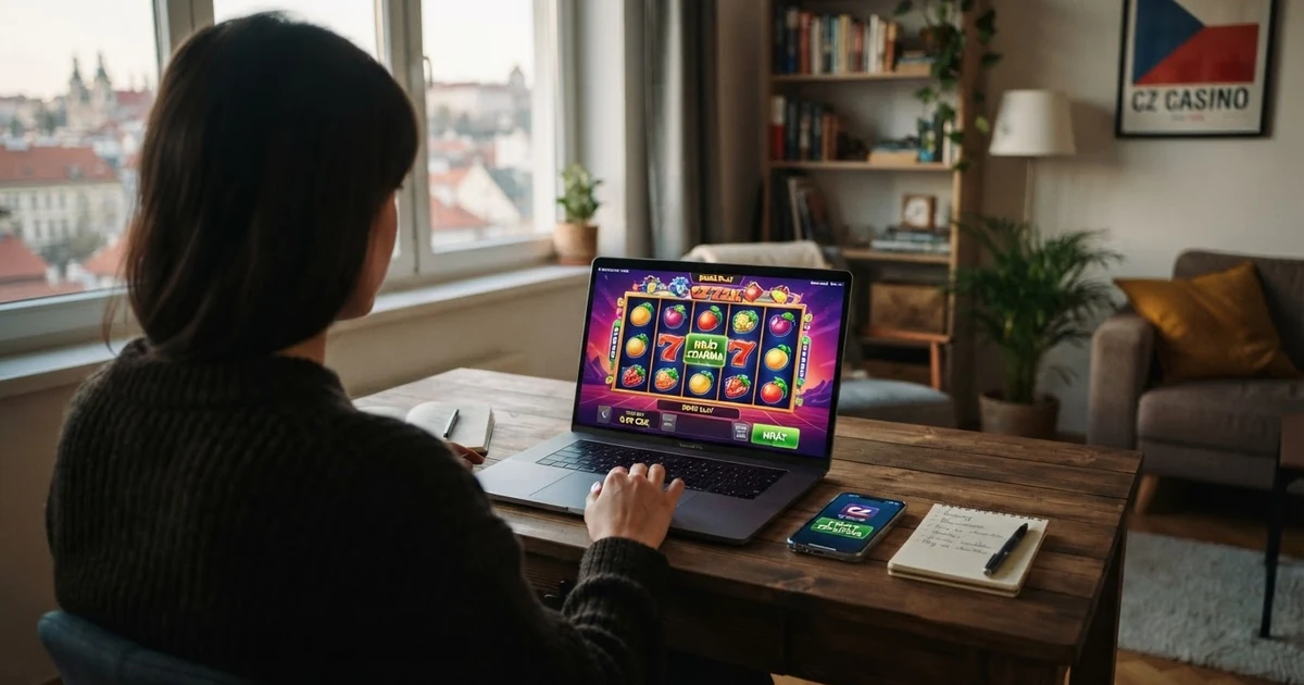 Hráč sedí u notebooku s otevřeným prohlížečem, na displeji běží automat v demo režimu, vedle leží mobilní telefon s ikonou casino aplikace