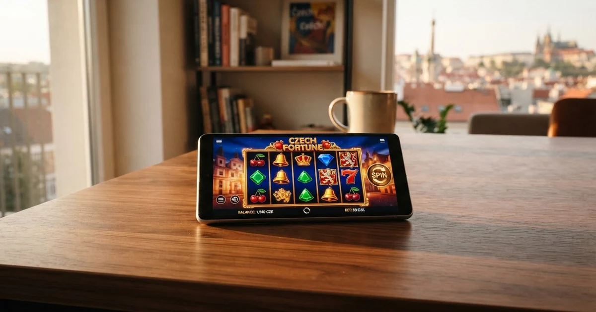 Mobilní telefon s otevřenou casino aplikací a mřížkou výherních automatů
