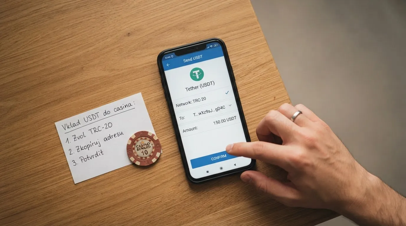 Tříkroková sekvence vkladu: výběr sítě TRC-20, opsání adresy kasina a potvrzení transakce v mobilní krypto peněžence