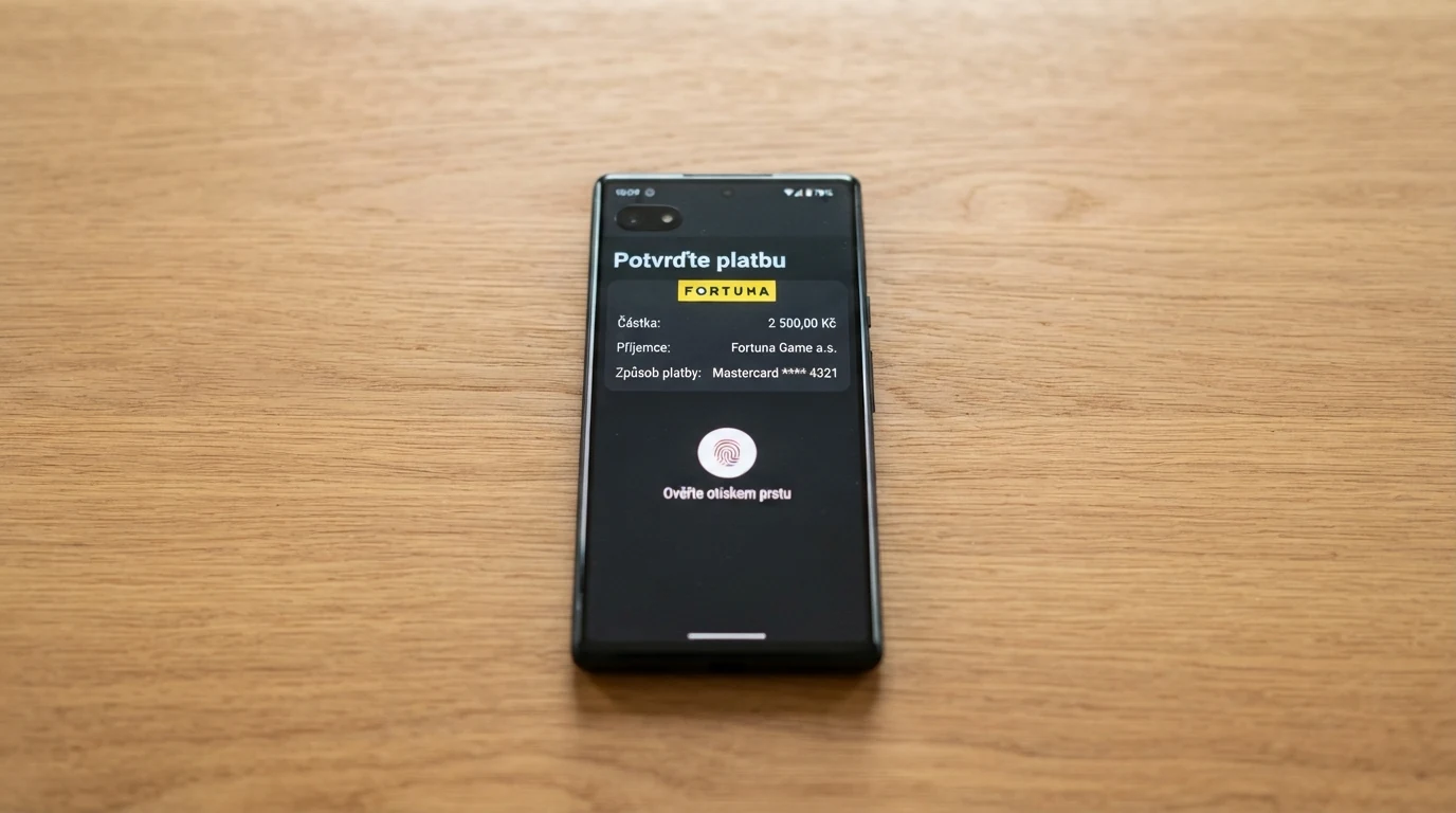Displej telefonu zobrazující potvrzovací dialog Google Pay platby s ikonou otisku prstu a částkou v korunách