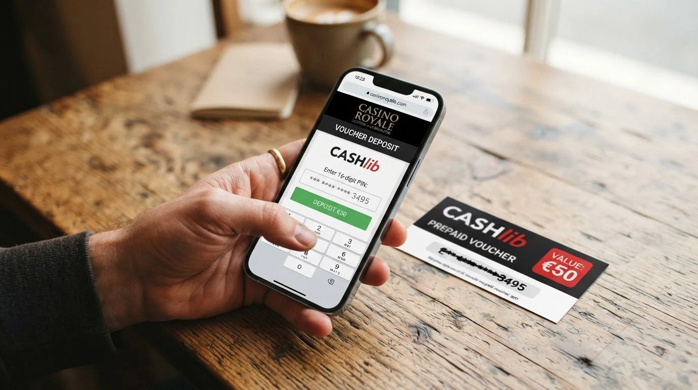 Ruka zadávající paysafecard kupón do pokladny online casina na mobilním telefonu