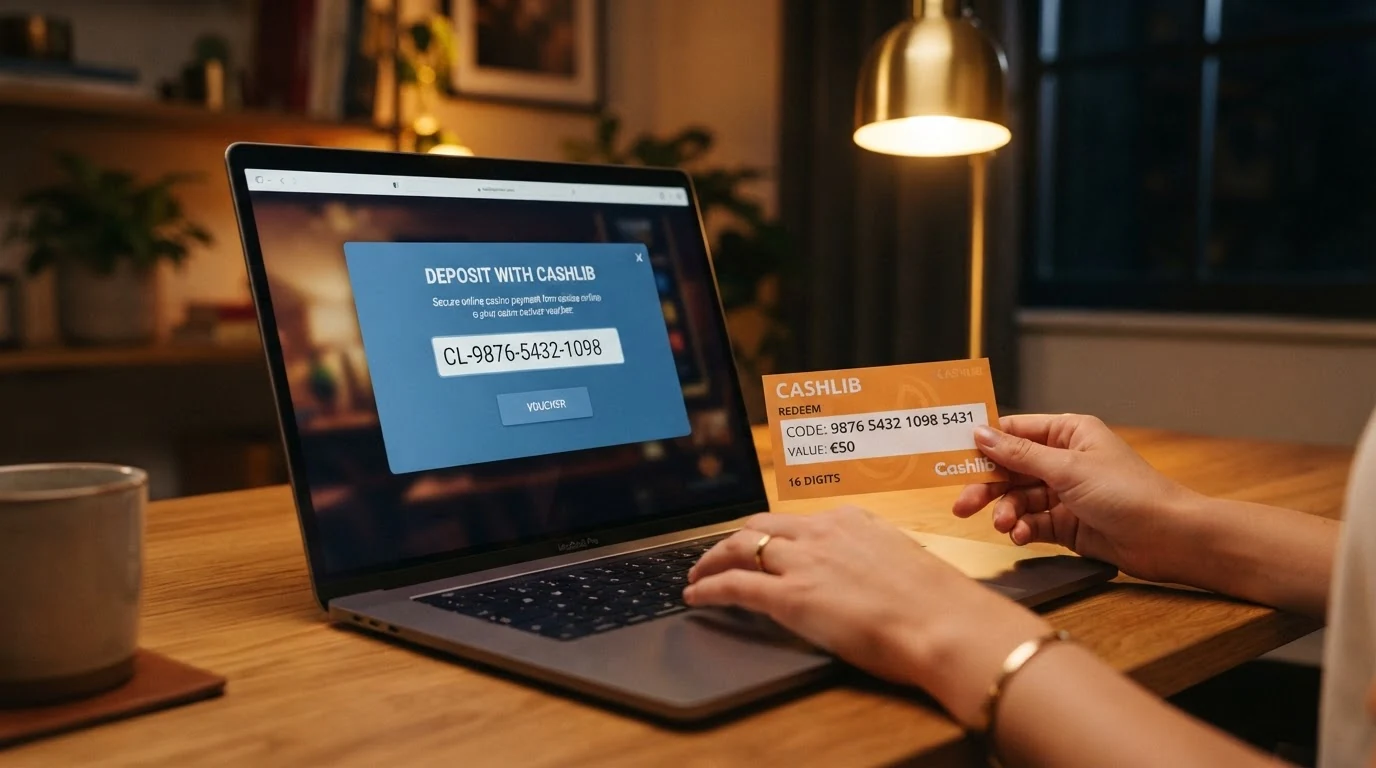 Detail Paysafecard kupónu s viditelným 16místným kódem vedle pole pro zadání kódu v pokladně casina