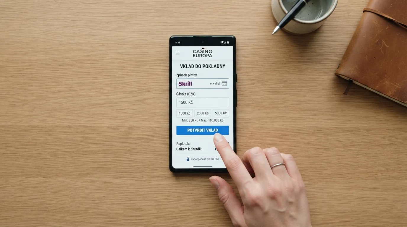 Obrazovka pokladny online casina s vybranou platební metodou Neteller, polem pro částku a potvrzovacím tlačítkem