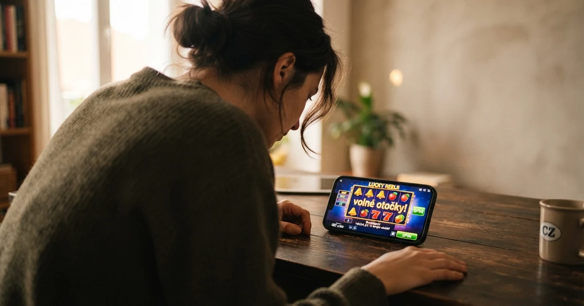 Hráč sleduje roztočené válce na online automatu, na obrazovce svítí nápis „volné otočky“