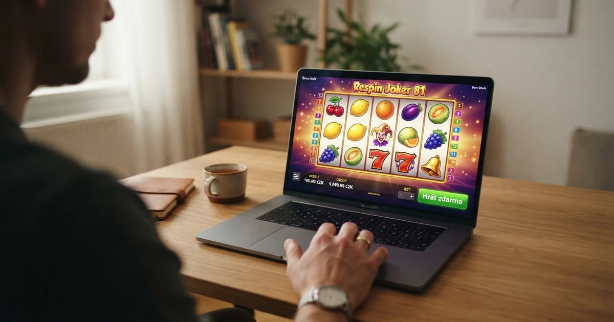 Hráč spouští výherní automat v demo režimu na obrazovce notebooku — vedle herního pole je vidět tlačítko „Hrát zdarma“ bez pole pro přihlášení