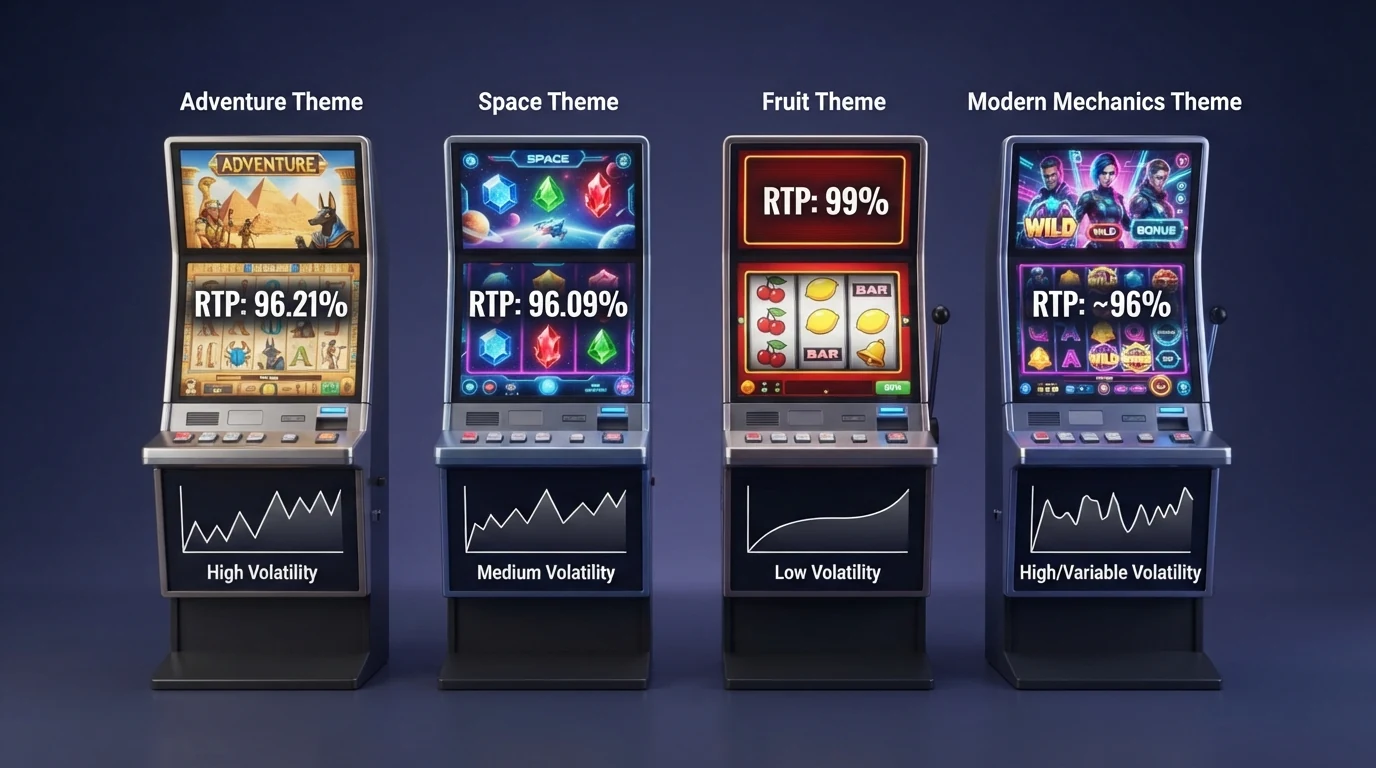 Čtveřice automatů vedle sebe na obrazovce: Book of Dead, Starburst, Mega Joker, Respin Joker — každý s viditelným ukazatelem RTP v procentech a grafickým znázorněním volatility (plochá křivka u nízké, rozkolísaná u vysoké).