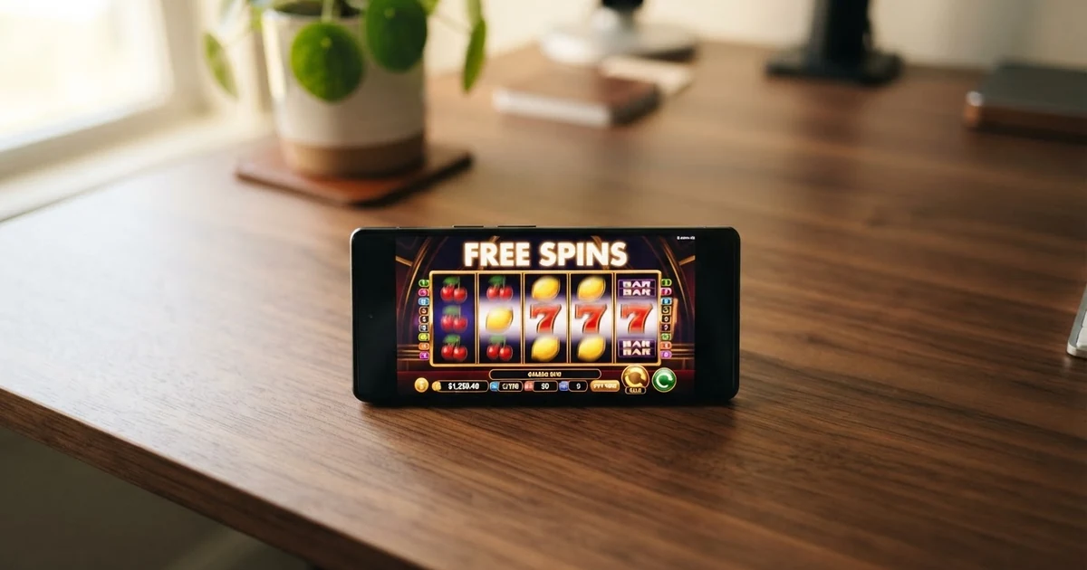 Roztočené válce výherního automatu s nápisem Free Spins na rozsvíceném displeji
