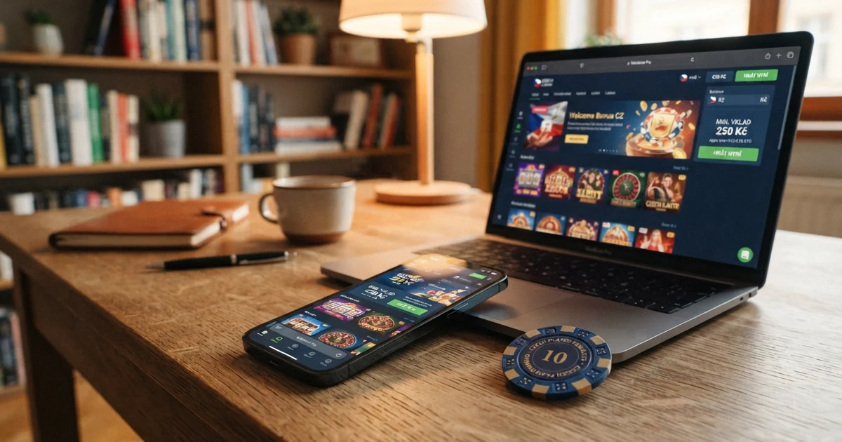 Herní lobby online casina na monitoru počítače a displeji telefonu s nabídkou vkladu od 10 €