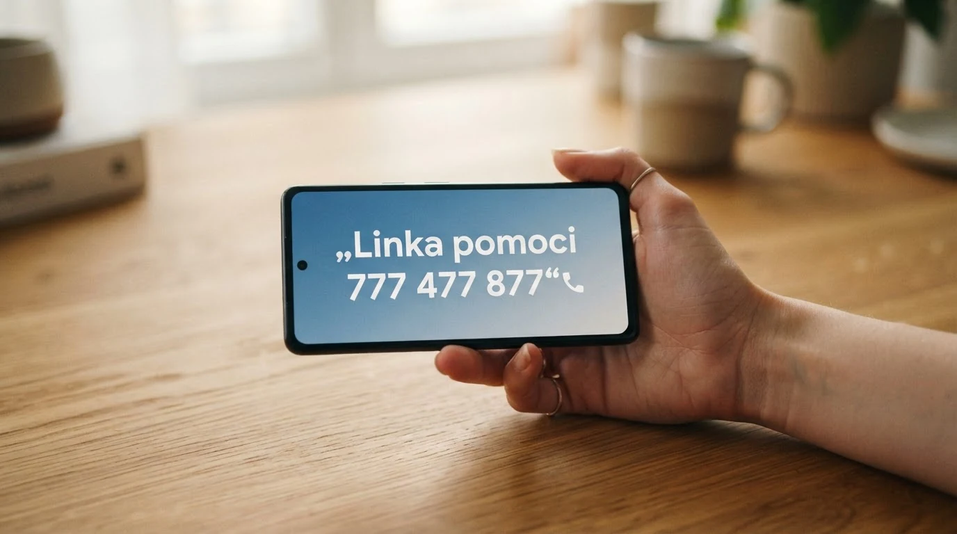 Telefon s vytočeným číslem 777 477 877 a textem Linka pomoci na obrazovce – nonstop pomoc pro hráče hazardních her